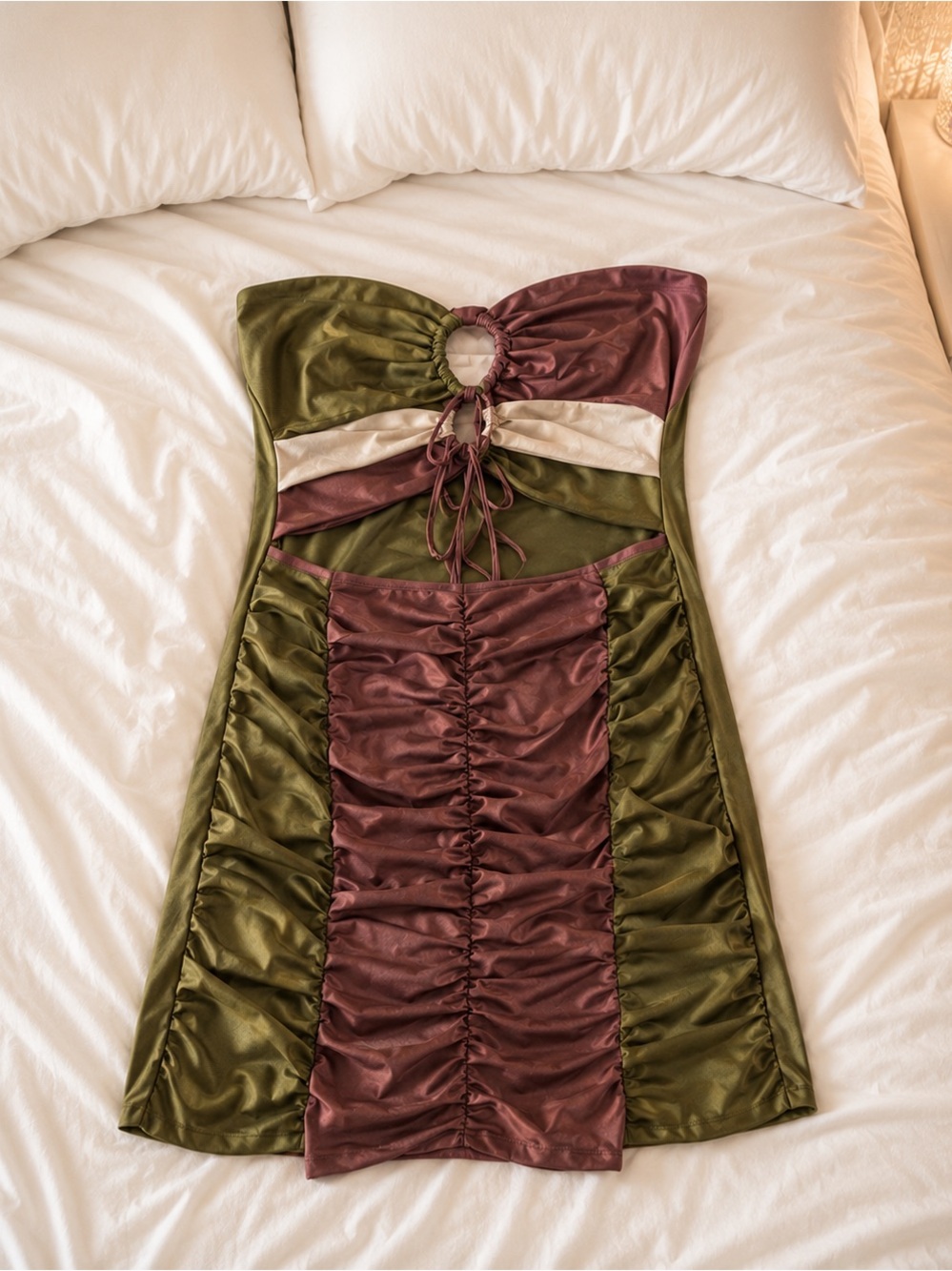 Olive Green and Brown Satin Ruched Strapless Dress Never Worn